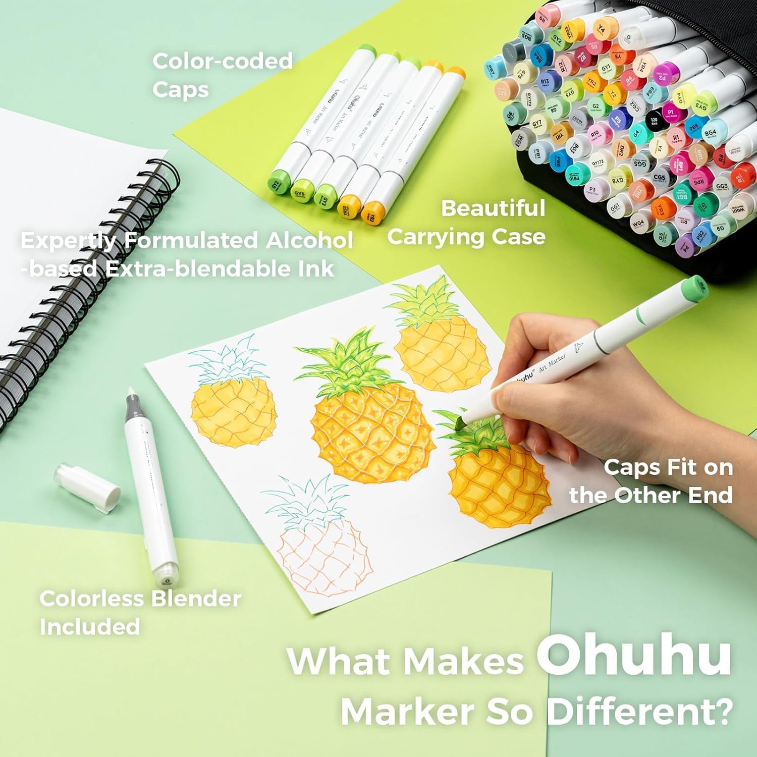 Ohuhu 120 Colors Alcohol Based Art Markers, Brush & Chisel Dual Tips Refillable Alcohol-based Ink