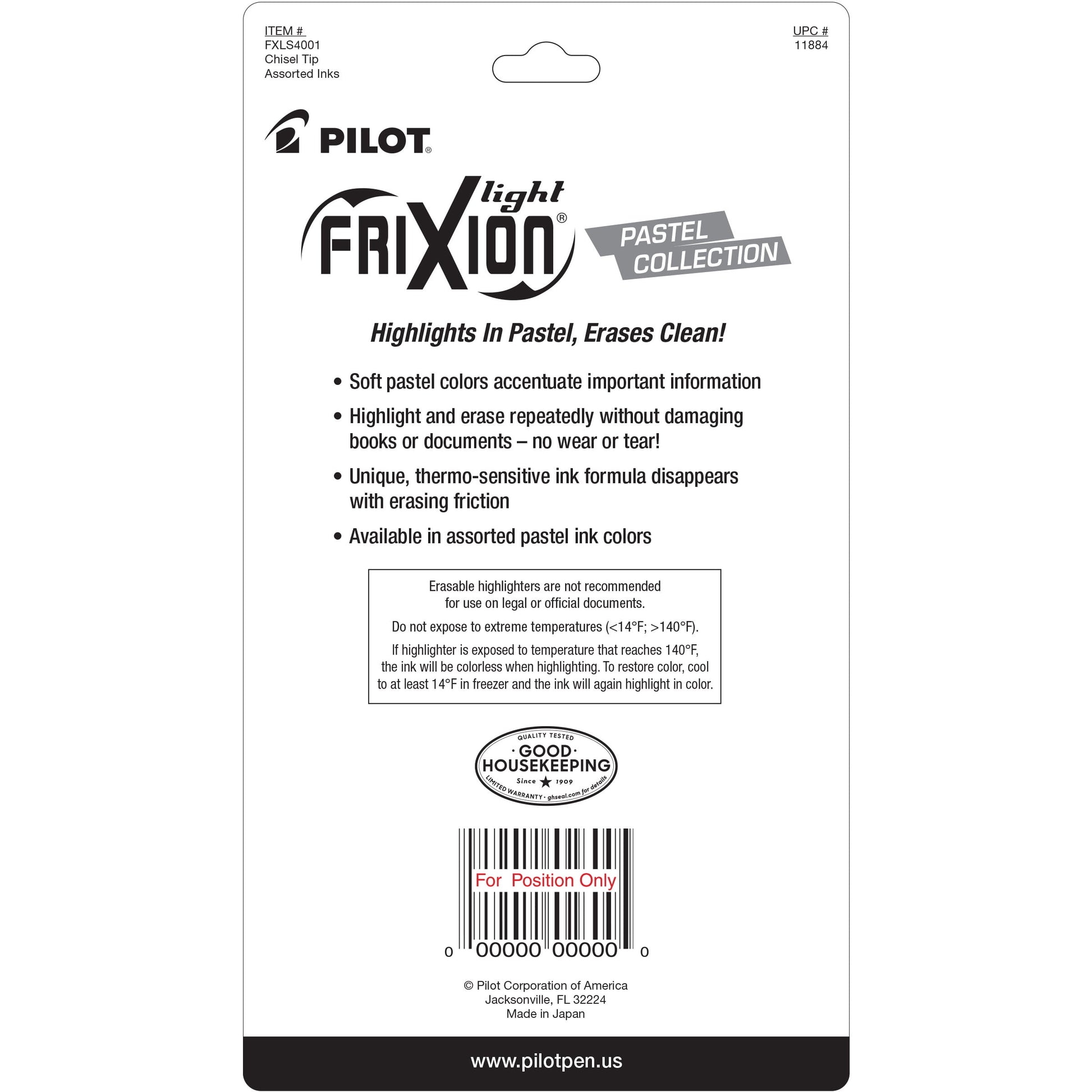 Pilot FriXion Light Pastel Collection Erasable Highlighters, Chisel Tip, Assorted Colors, 4 Count