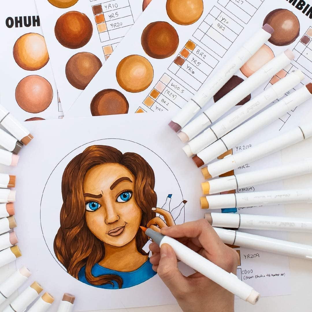 Ohuhu Alcohol Markers 24 Skin Tone Set, Chisel & Brush Tips, Honolulu Series, Refillable for Artists & Coloring