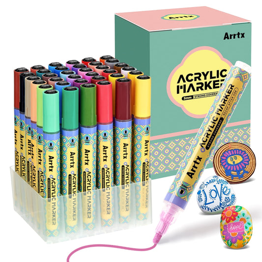 Arrtx Acrylic Paint Pens, 36 Colors 3mm Medium Point Water-Based Ink Large Refill Acrylic Markers for Rock Painting, DIY Craft, Glass, Wood