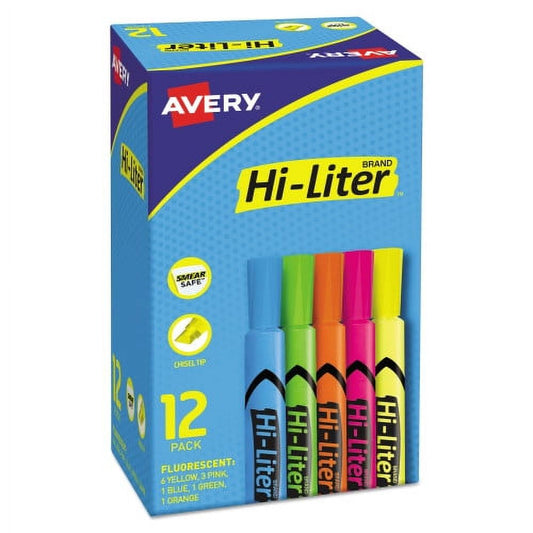 Avery HI-LITER Desk-Style Highlighters, Assorted Ink Colors, Chisel Tip, Assorted Barrel Colors, Dozen (98034)