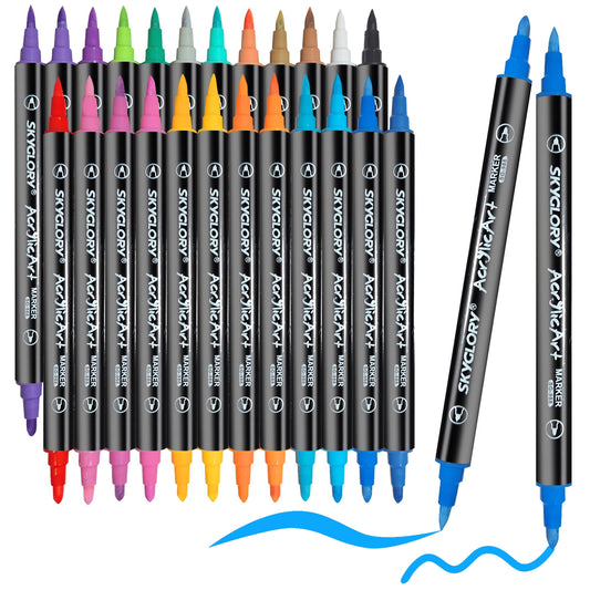 24 Colors Acrylic Paint Pens Paint Markers Set,Dual Tip Paint Markers With Medium Tip and Brush Tip for Rock Painting,Ceramic,Wood,Plastic,Calligraphy, Scrapbooking,Brush Lettering,DIY Crafts