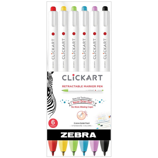 CLiCKART Retractable Marker Pen, 0.6 mm, Assorted Colors, 6pk