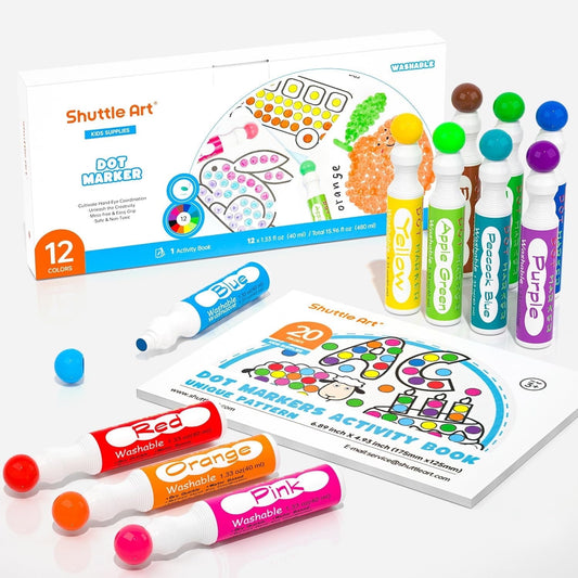 Shuttle Art Dot Makers, 12 Colors Bingo Daubers with 20 Unique Patterns of Dot Book for  Art Activities, Non-Toxic Washable Coloring Markers