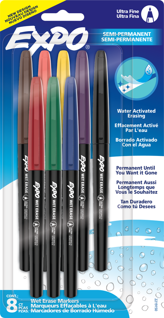 Expo Wet Erase Markers, Semi-Permanent Markers, Assorted, Ultra Fine Tip, 8 Count