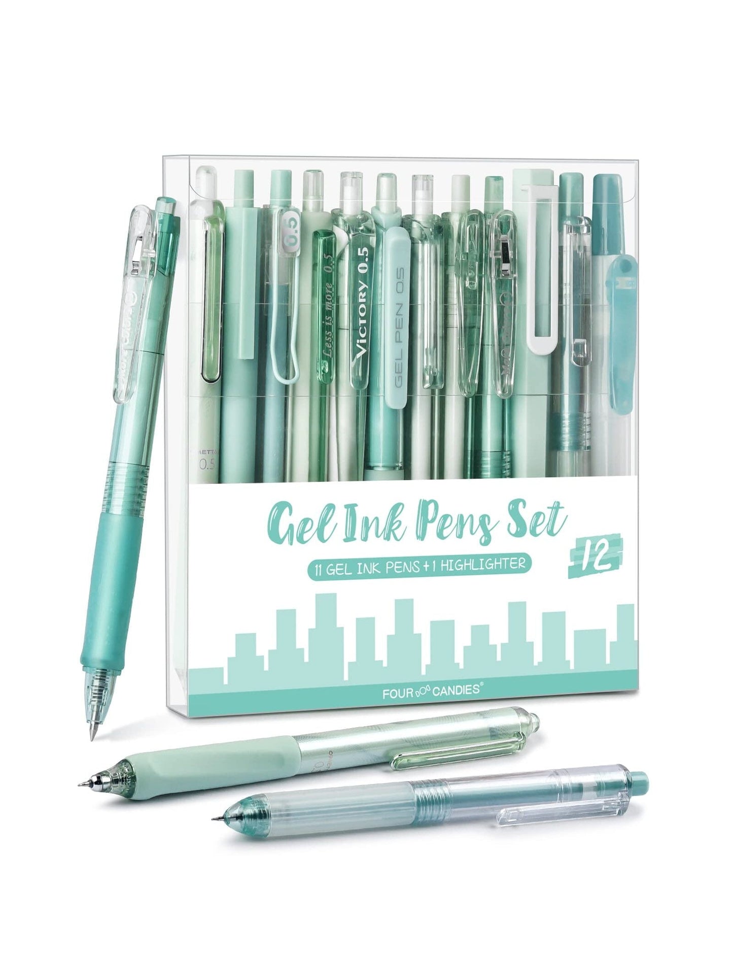 Four Candies Retractable Pink Pen Set, 11Pcs Black Ink Gel Pens(0.5mm), 1Pcs Pink Highlighter, 0.5mm Fine Point for Journaling, Writing and Note-Taking