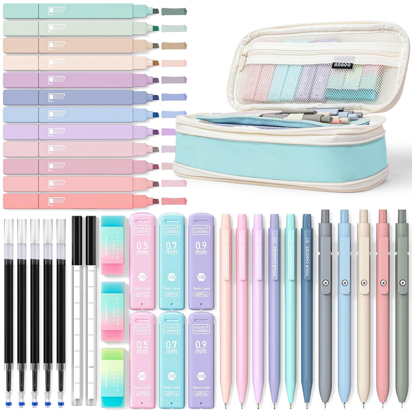 Four Candies 39 PCS Aesthetic Supplies with Cute Pen Case, 12 Pastel Highlighters, 5 Black Ink Gel Pens, 6 Mechanical Pencils Set 0.5 & 0.7 mm for Stationary College Essentials (Pink)