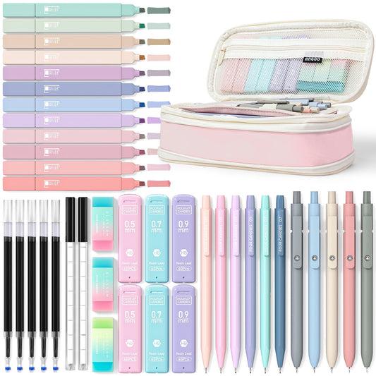 Four Candies 39 PCS Aesthetic Supplies with Cute Pen Case, 12 Pastel Highlighters, 5 Black Ink Gel Pens, 6 Mechanical Pencils Set 0.5 & 0.7 mm for Stationary College Essentials (Pink)