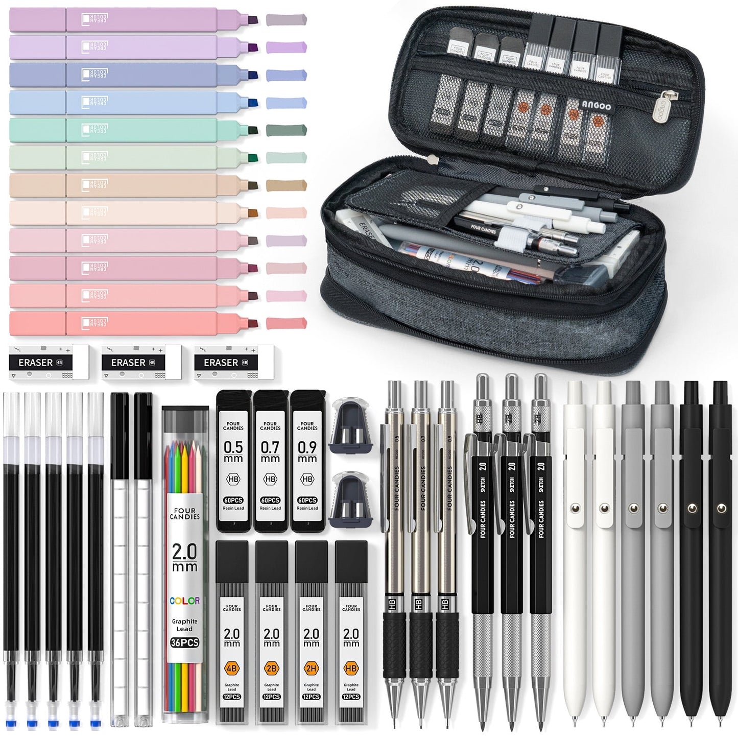 Four Candies 39 PCS Aesthetic Supplies with Cute Pen Case, 12 Pastel Highlighters, 5 Black Ink Gel Pens, 6 Mechanical Pencils Set 0.5 & 0.7 mm for Stationary College Essentials (Pink)