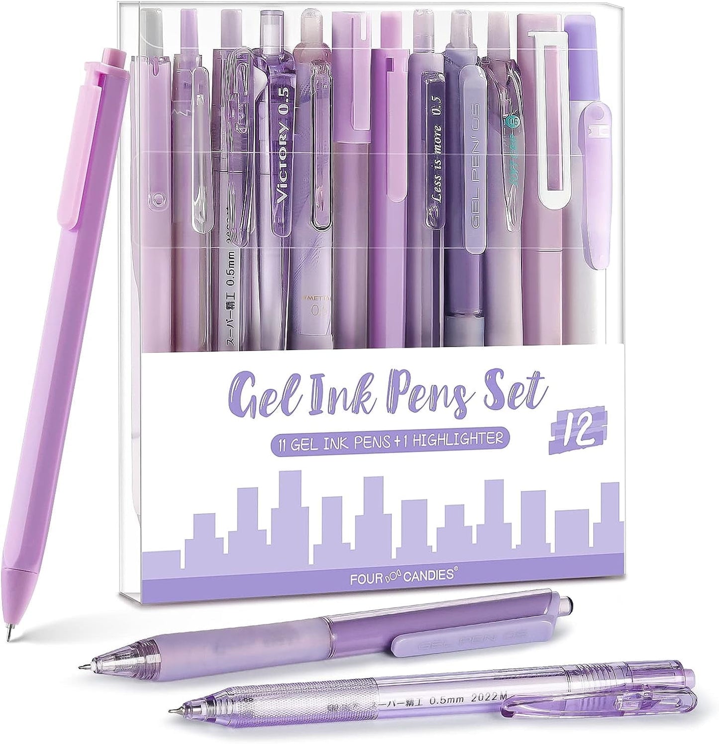 Four Candies Retractable Pink Pen Set, 11Pcs Black Ink Gel Pens(0.5mm), 1Pcs Pink Highlighter, 0.5mm Fine Point for Journaling, Writing and Note-Taking