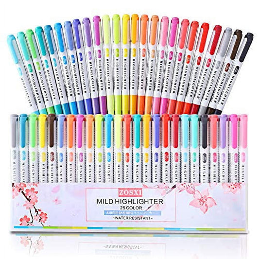 Highlighters Double Ended Mild 25 color Highlighters Fluorescent Marker pen for Coloring Underlining Highlighting Broad and Fine Tips Assorted 25 Colors set