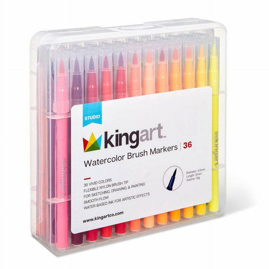KINGART® Studio Watercolor Brush Markers, Storage Case, Set of 36 Unique Colors