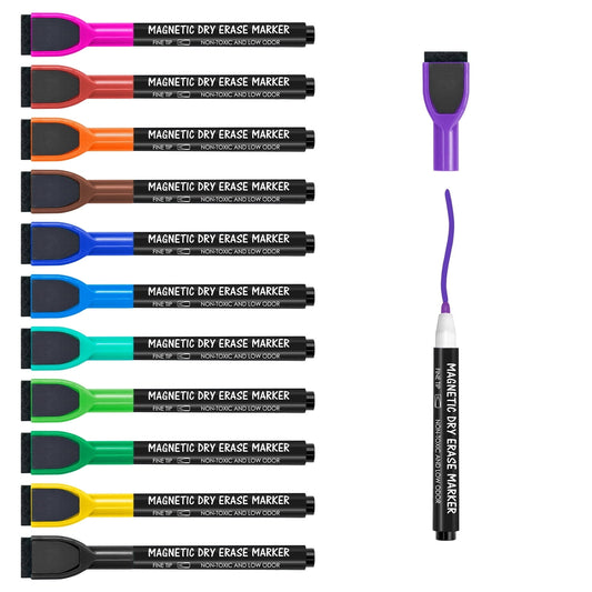 Maxtek Magnetic Dry Erase Markers with Eraser,Fine Tip,Assorted Colors,12 Count,1-2mm Fine Point Whiteboard Marker for Office Supplies,Calendar Boards
