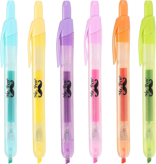 Mr. Pen- Retractable Highlighters, 6 Pack, Pastel Colors, Chisel Tip, No Smear Click Highlighter, Bible Journaling Highlighter, Highlighter Markers Retractable, Highlighter Pens, Mild Highlighters