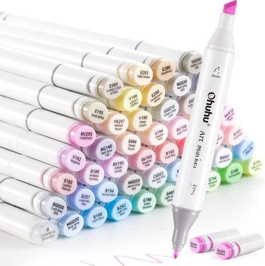 Ohuhu 48 Pastel Colors Chisel & Fine Dual Tips Alcohol Markers - Oahu - Refillable Ink