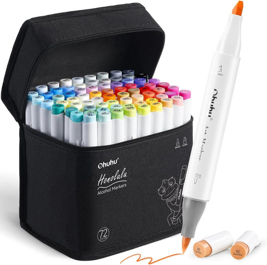 Ohuhu Alcohol Markers 72 Colors, Double Tipped (Chisel & Brush), Sketch Marker Set with 1 Blender for Artists & Adult Coloring