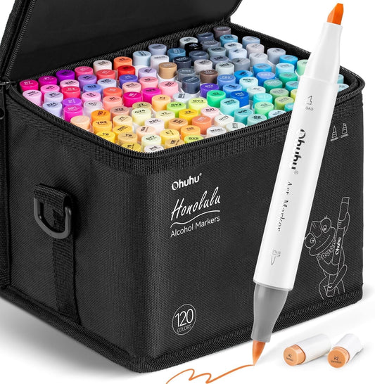 Ohuhu 120 Colors Alcohol Based Art Markers, Brush & Chisel Dual Tips Refillable Alcohol-based Ink