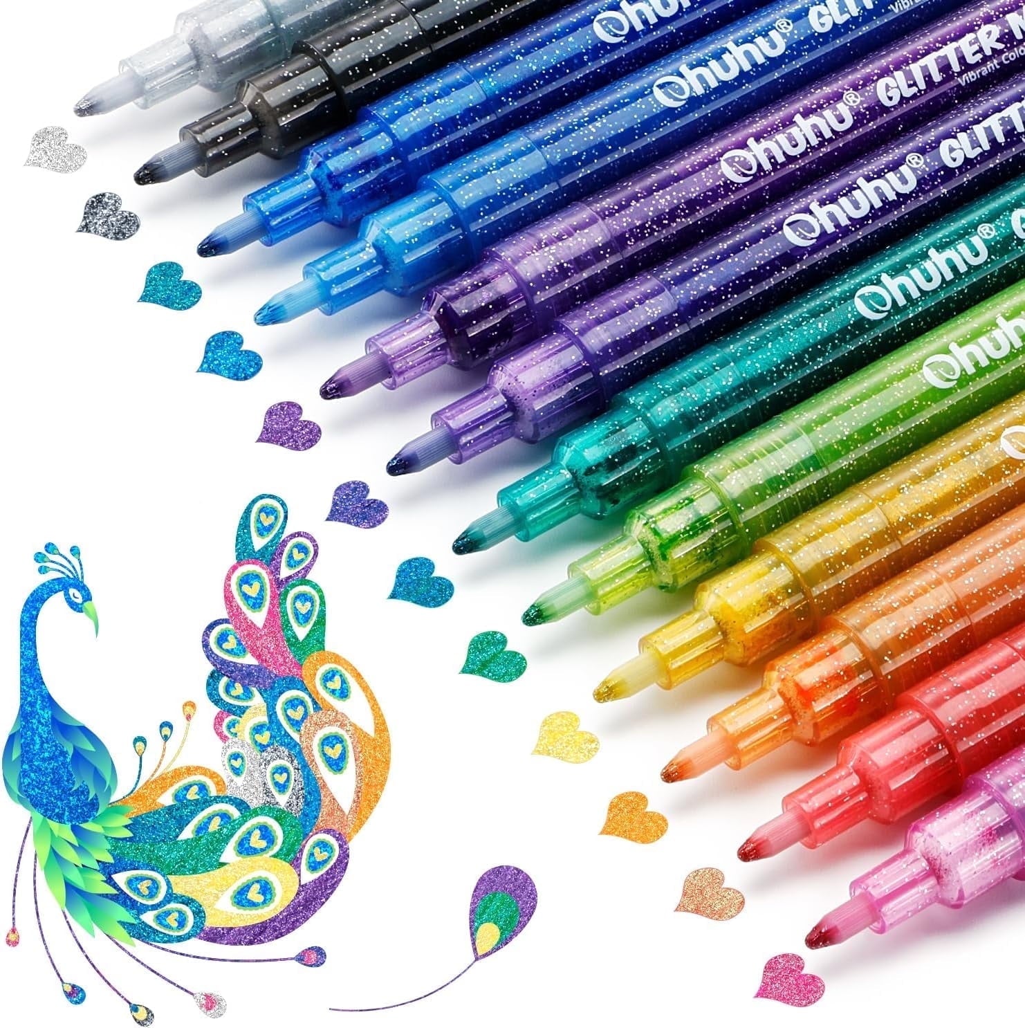 Ohuhu Glitter Markers, 12 Metallic Colors, Fine Tip, Water-Based Ink, for DIY Crafts