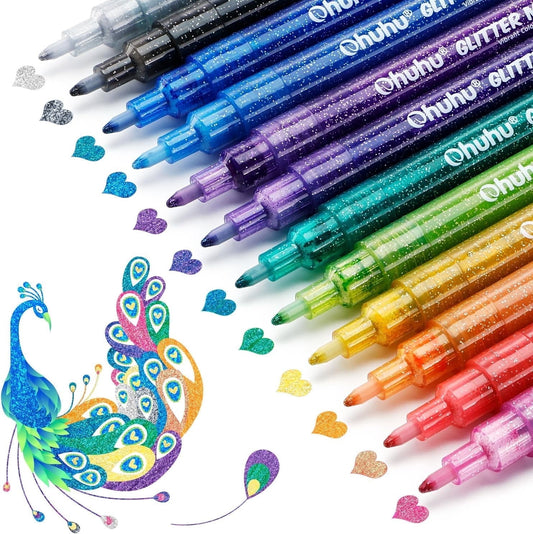 Ohuhu Glitter Markers, 12 Metallic Colors, Fine Tip, Water-Based Ink, for DIY Crafts
