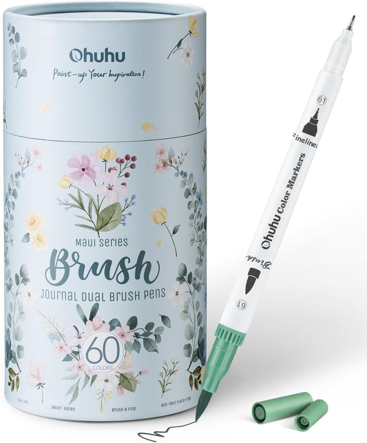 Ohuhu 60-Color Water-Based Markers, Dual Tips (Fineliner & Brush), No Bleeding, for Adults - Maui