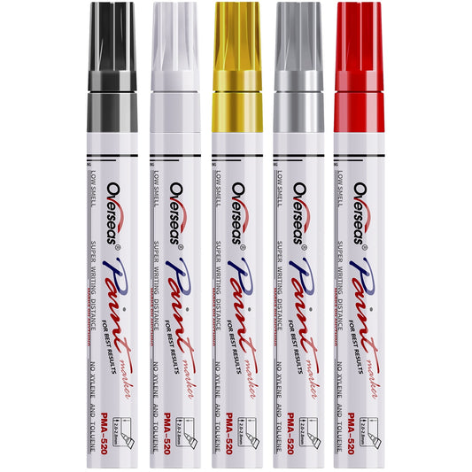 Overseas Paint Marker Pens - 5 Pack Permanent Oil Based Paint Markers, Medium Tip, Quick Dry and Waterproof Assorted Color Marker for Rock, Wood, Fabric, Plastic, Canvas, Glass, Mugs, Canvas, Glass