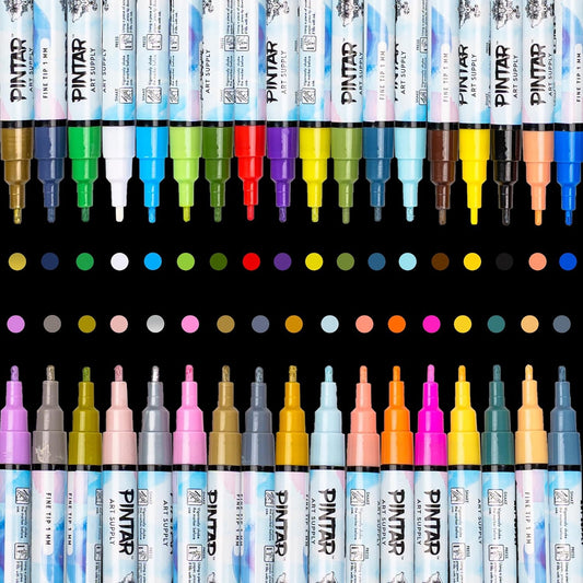 Pintar: Acrylic Paint Markers - Fine Tip 1mm, 35 Pack- Bright Opague Colors, Glossy Finish, Japanese Ink Multi-Surface Pens, Premium Art Supplies
