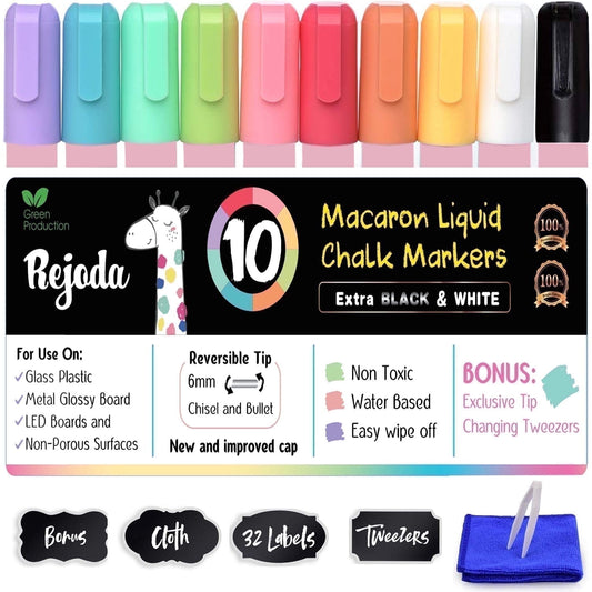 REJODA Liquid Chalk Markers for Blackboard, 10 Vintage Neon Colors Chalkboard Markers with Reversible Bullet and Chisel Tip. Chalk Pens for Glass with Bonus 32 Labels, Cleaning Cloth and Tweezers