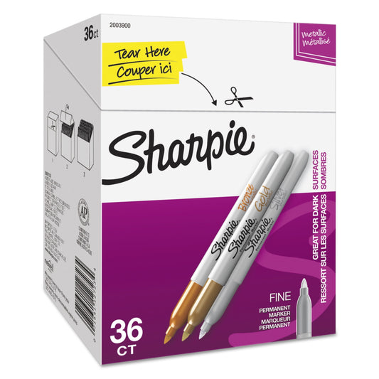 Sharpie Metallic Permanent Markers, Fine Point, Gold/Silver/Bronze, 36 Count