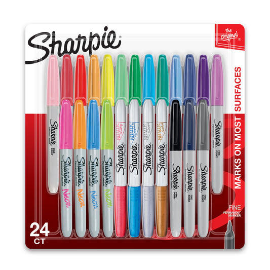 Sharpie Permanent Markers, Fine Point, Assorted Colors, 24 Count