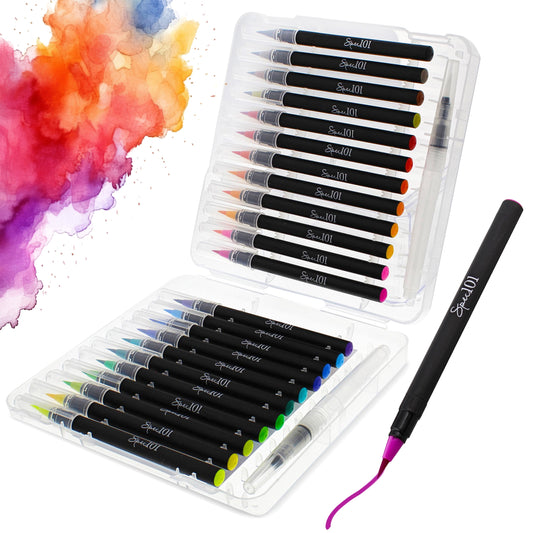 Spec101 Watercolor Pens Brush Set - 24 Watercolor Brush Markers and 2 Blend Pens