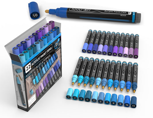 Tooli-Art Acrylic Paint Pens Blues and Purple Pro Color Series with 3mm Medium Tip Marker Set of 22