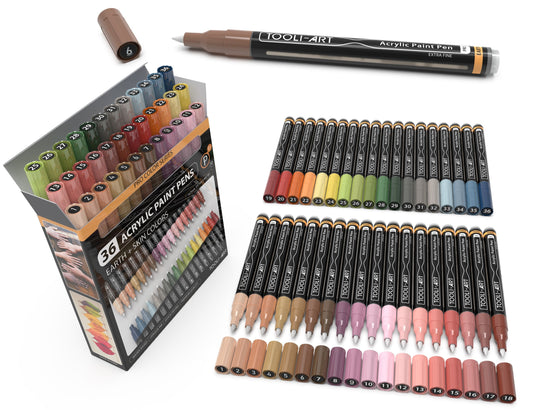 Tooli-Art Acrylic Paint Pens Skin and Earth Tones Marker Set 0.7mm Extra Fine Tip For Rock Painting, Canvas, Most Surfaces with Non-Toxic, Quick Dry Marker Set of 36
