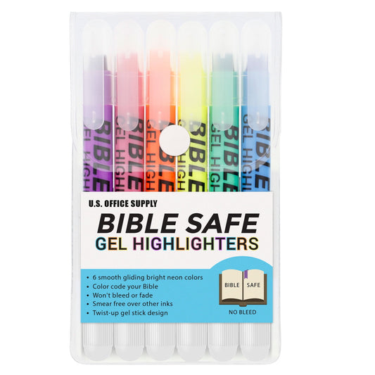 U.S. Office Supply Bible Safe Gel Highlighters, 6 Count Bright Neon Fluorescent Highlight Colors