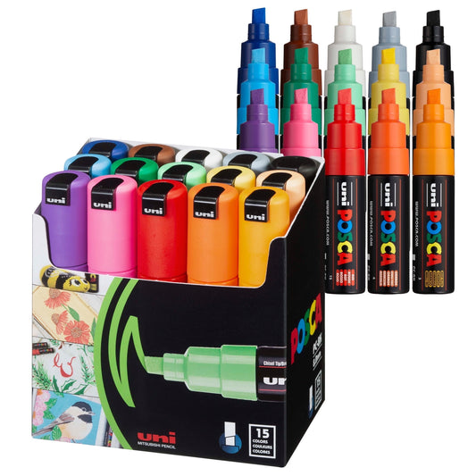 Uni POSCA PC-8K Water-Based Markers, Broad Tip (8mm), Assorted Ink Colors, 15 Count