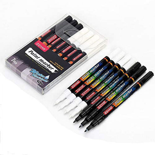 ZEYAR White and Black Acrylic Paint pen, Water Based, Set of 7, Extra Fine Point, Great for Rock Painting, Ceramic, Glass, Wood and smooth surfaces, Opaque ink