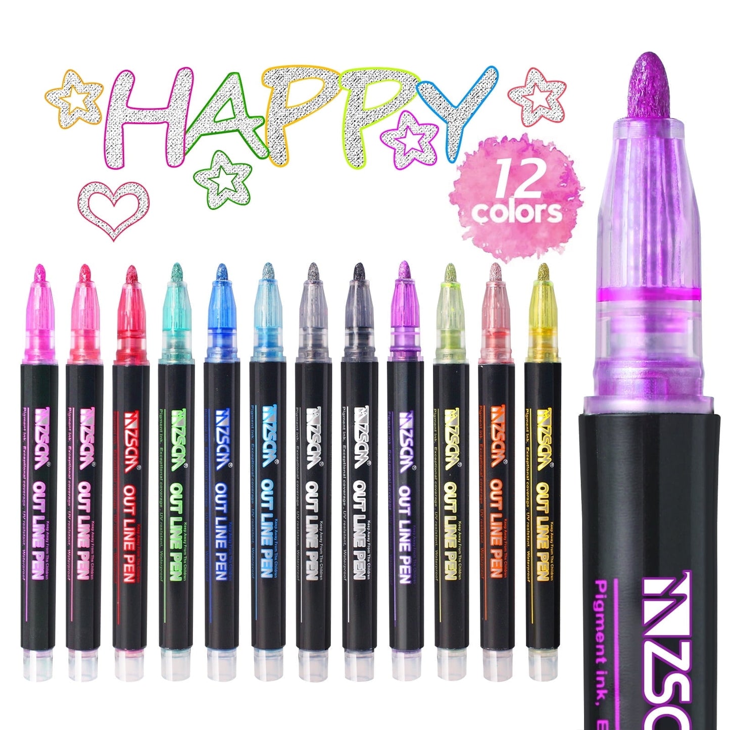 ZSCM Super Squiggles Outline Metallic Marker Pens, Stocking Stuffers for Teen, Double Line Paint Marker Pens, Art Crafts Gifts Trendy Stuff Christmas Stocking Stuffers (12 Colors)