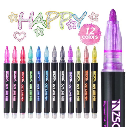 ZSCM Super Squiggles Outline Metallic Marker Pens, Stocking Stuffers for Teen, Double Line Paint Marker Pens, Art Crafts Gifts Trendy Stuff Christmas Stocking Stuffers (12 Colors)