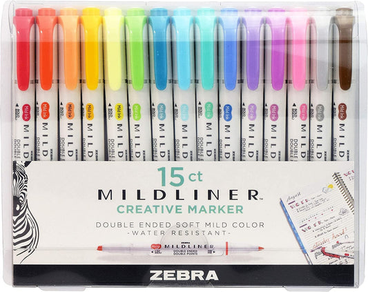 Zebra Pen Mildliner Double Ended Highlighter Set, Chisel and Bullet Tips, Assorted Ink Colors, 15-Pack