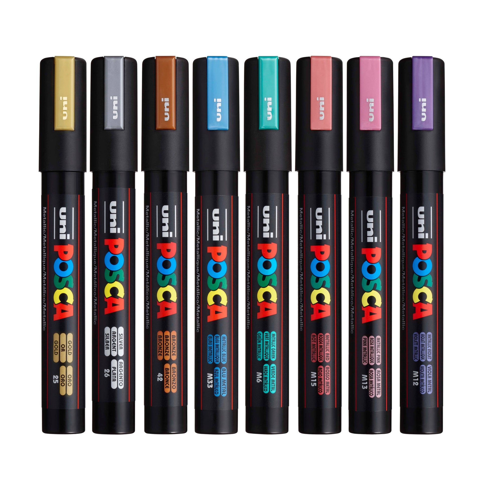 uni® POSCA PC-5M Water-Based Paint Markers, Reversible Medium Tip (1.8-2.5mm), Metallic Colors, 8 Pack