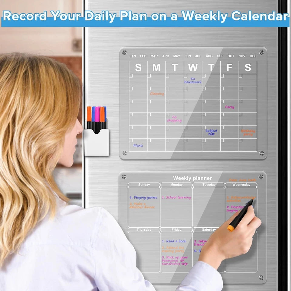 2X Acrylic Magnetic Fridge Calendar Week & Month W/ Dry Erase Markers And Holder