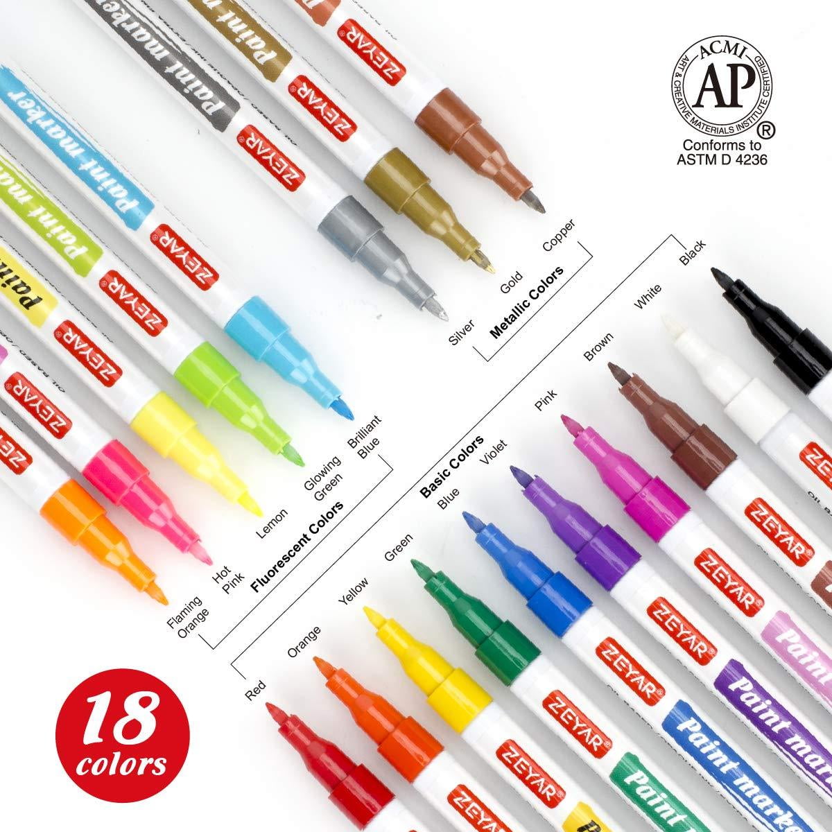 ZEYAR Paint Markers, AP Certified, Extra Fine Point, 18 colors, Permanent &amp; Waterproof ink, Works on Rock, Wood, Glass, Metal and Ceramic and Almost All Surfaces
