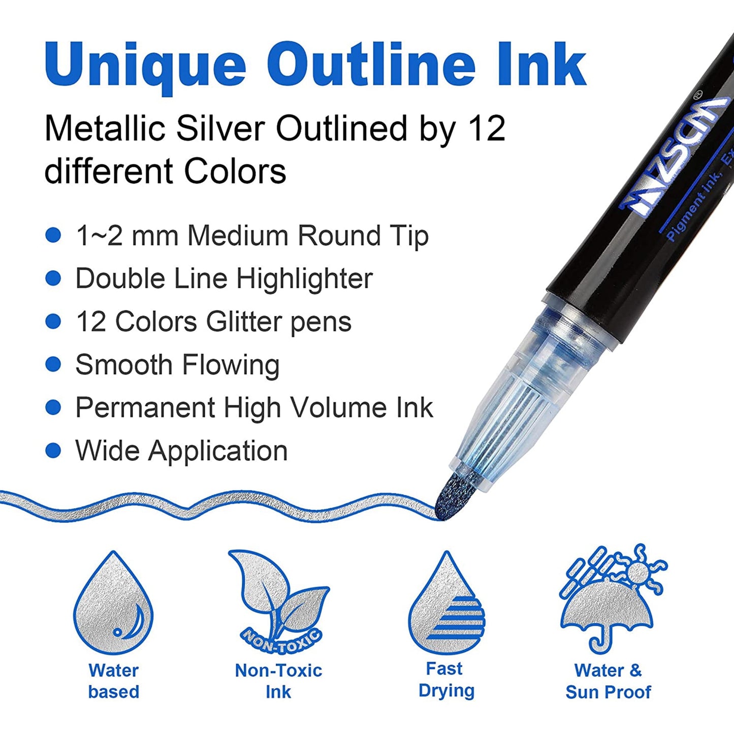 12 Colors Shimmer Outline Markers, Double Line Metallic Pen Set Sparkle Self-Outline Doodle Marker Acrylic Marker Pen