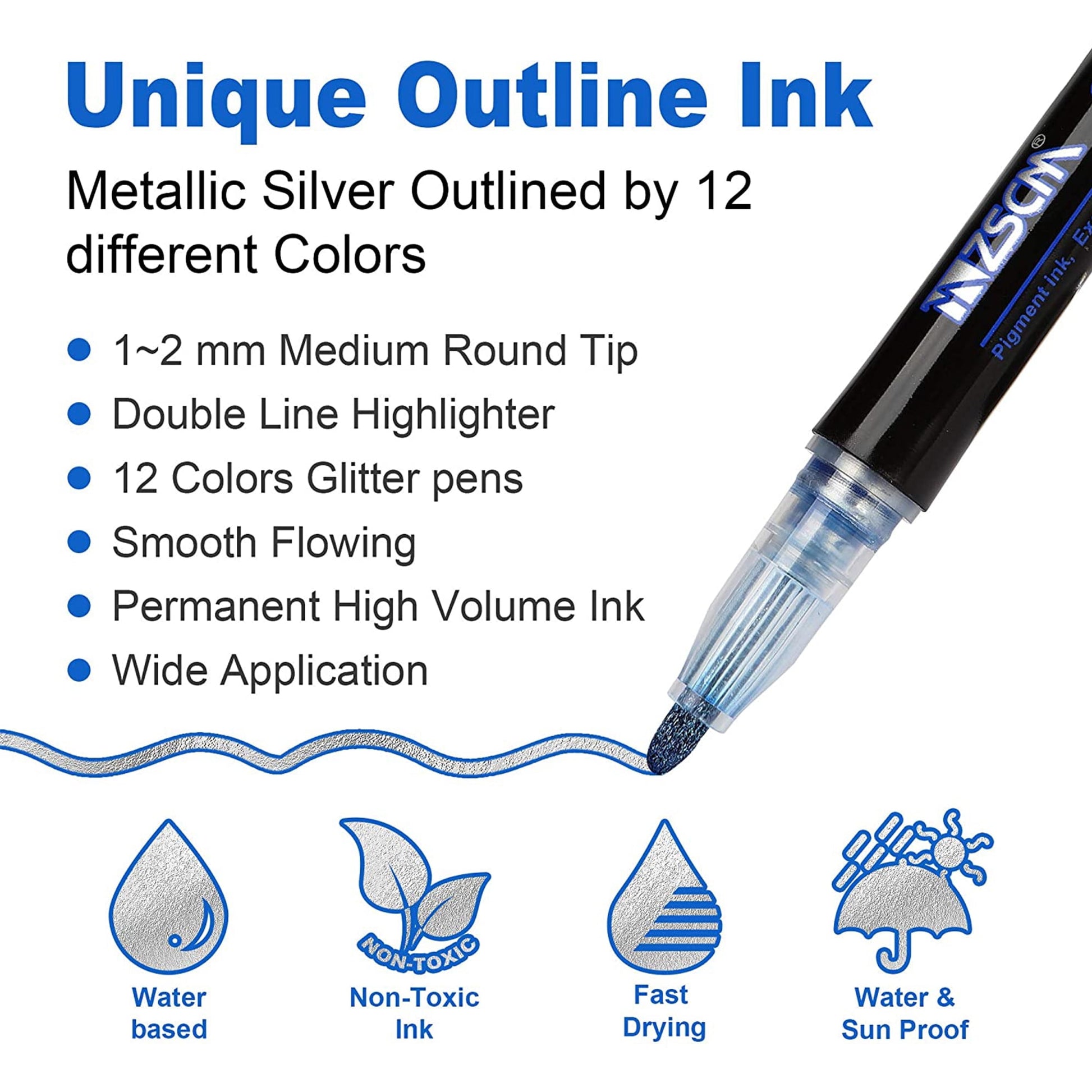 12 Colors Shimmer Outline Markers, Double Line Metallic Pen Set Sparkle Self-Outline Doodle Marker Acrylic Marker Pen