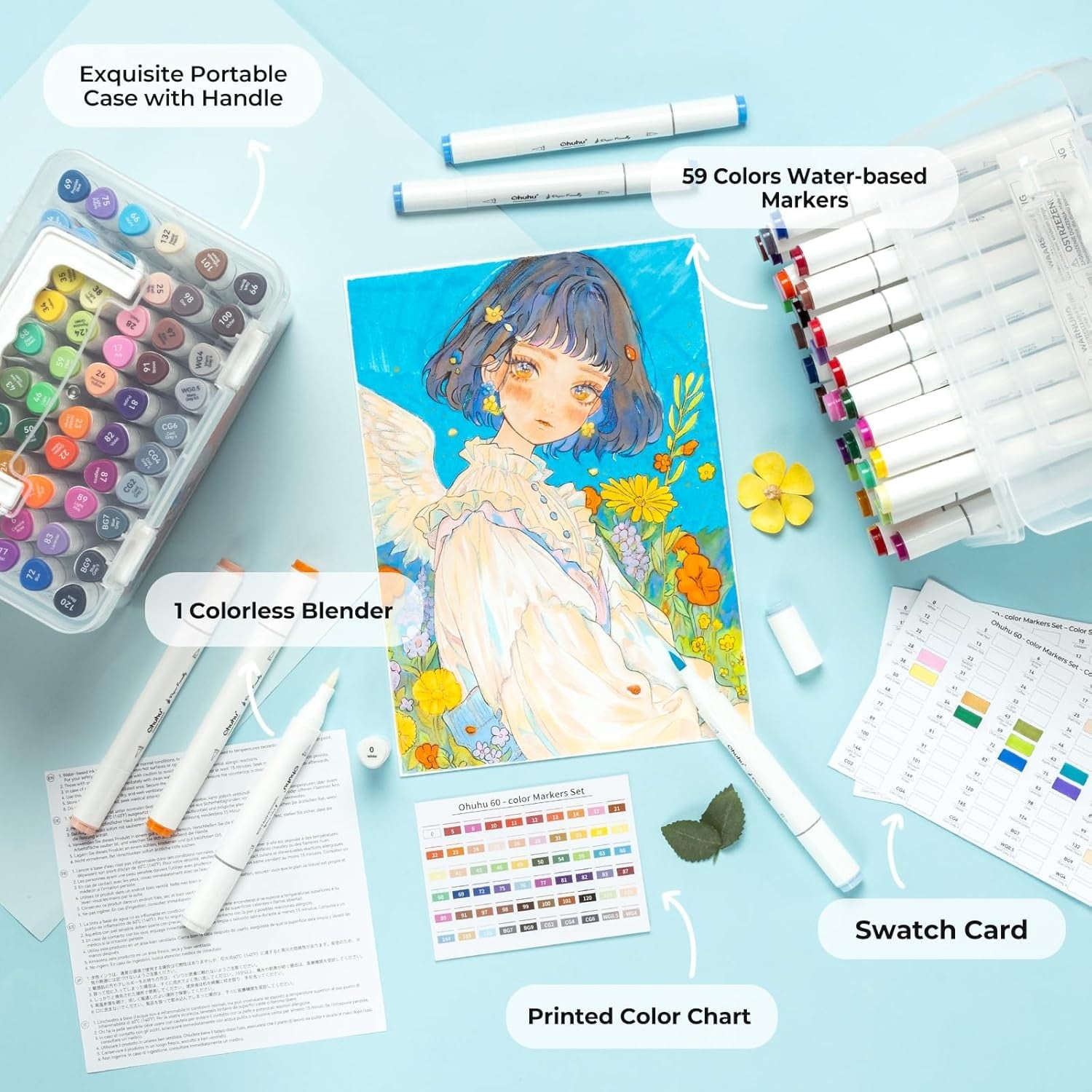 Ohuhu 60 Colors Dual Tip Water-Based Markers, Brush & Fine, No Bleed, Paper-Friendly for Adults