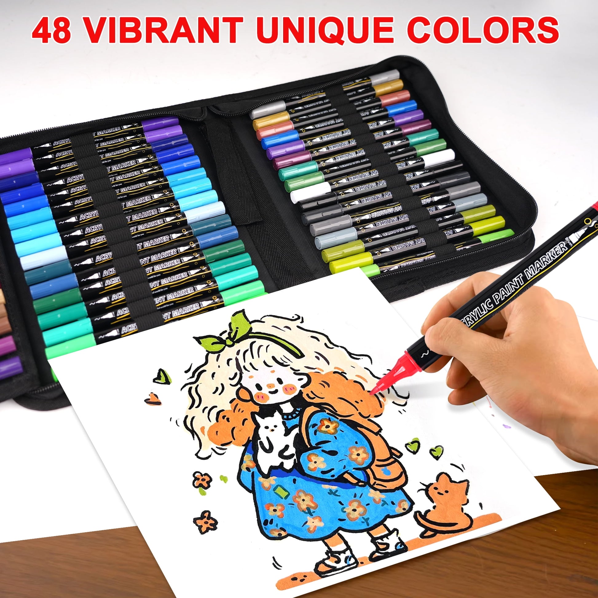 BUSATIA 48 Colors Paint Markers Acrylic Paint Pens, Dual Tip with Brush Tip and Fine Tip, Art Supplies for Rock Painting, Wood, Canvas, Stone, Glass, DIY Crafts Making Drawing Kit with Bag