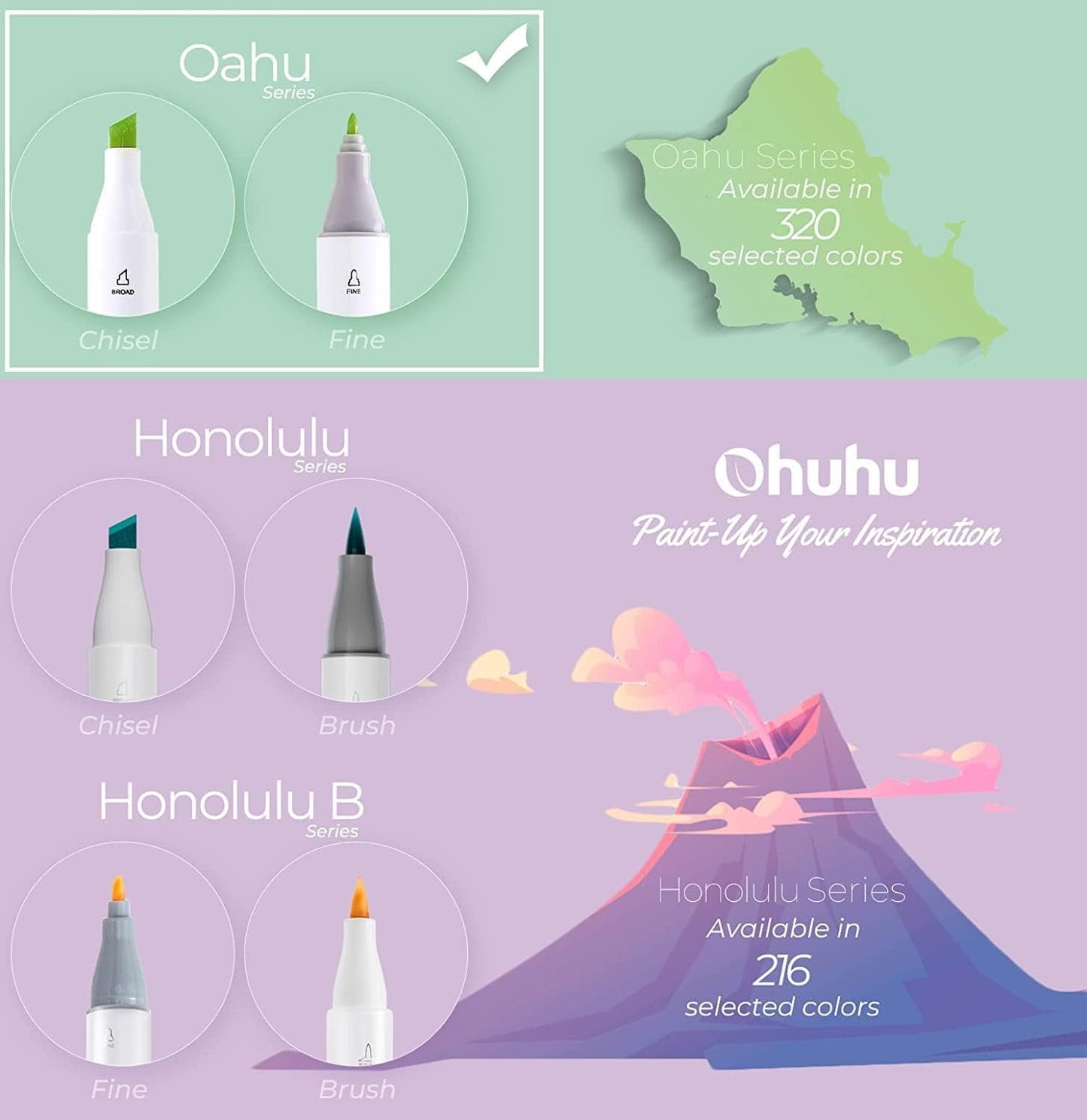 Ohuhu 48 Pastel Colors Chisel & Fine Dual Tips Alcohol Markers - Oahu - Refillable Ink