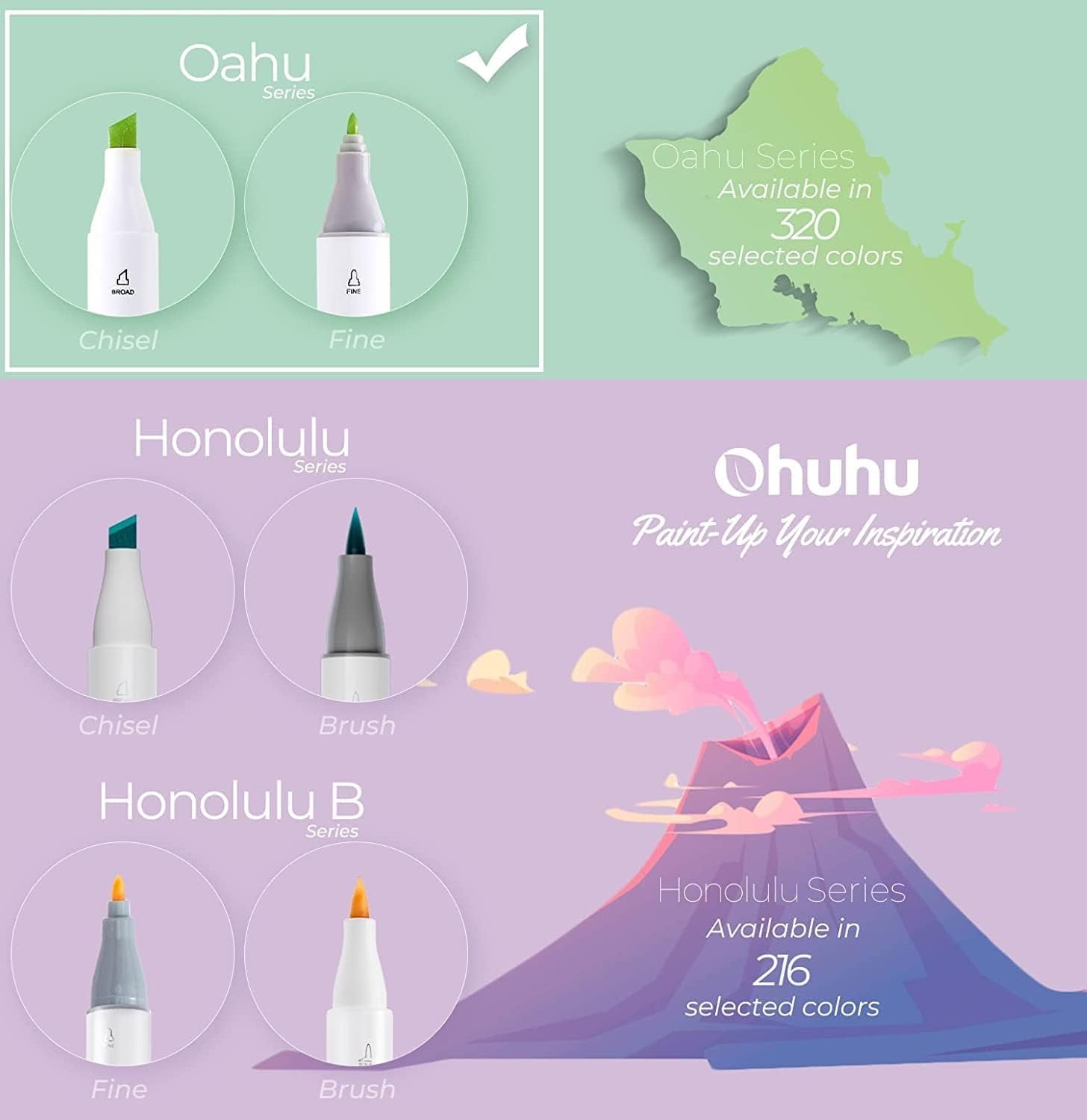 Ohuhu 48 Pastel Colors Chisel & Fine Dual Tips Alcohol Markers - Oahu - Refillable Ink