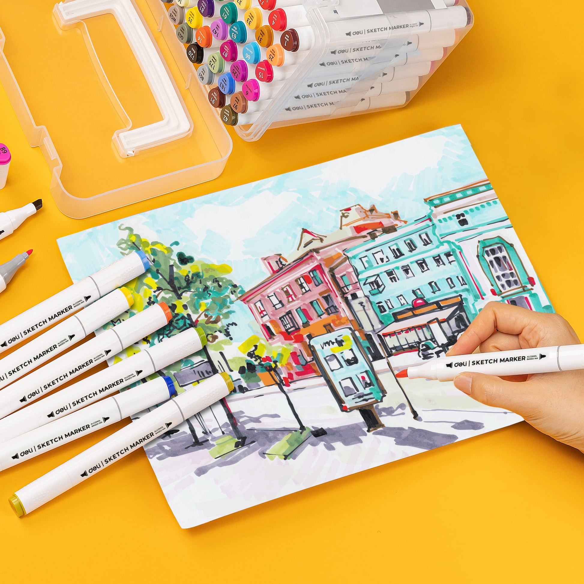 Deli 60 Colors Dual Tip Alcohol Markers, Art Markers Set Art Supplies Permanent Marker with Storage Box