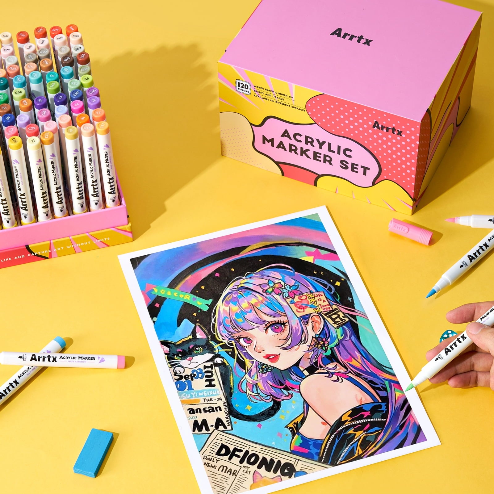 Arrtx 120 Anime Colors Acrylic Paint Markers, 1-6mm Brush Tip Water Based Acrylic Paint Pens for Drawing, Rock Painting