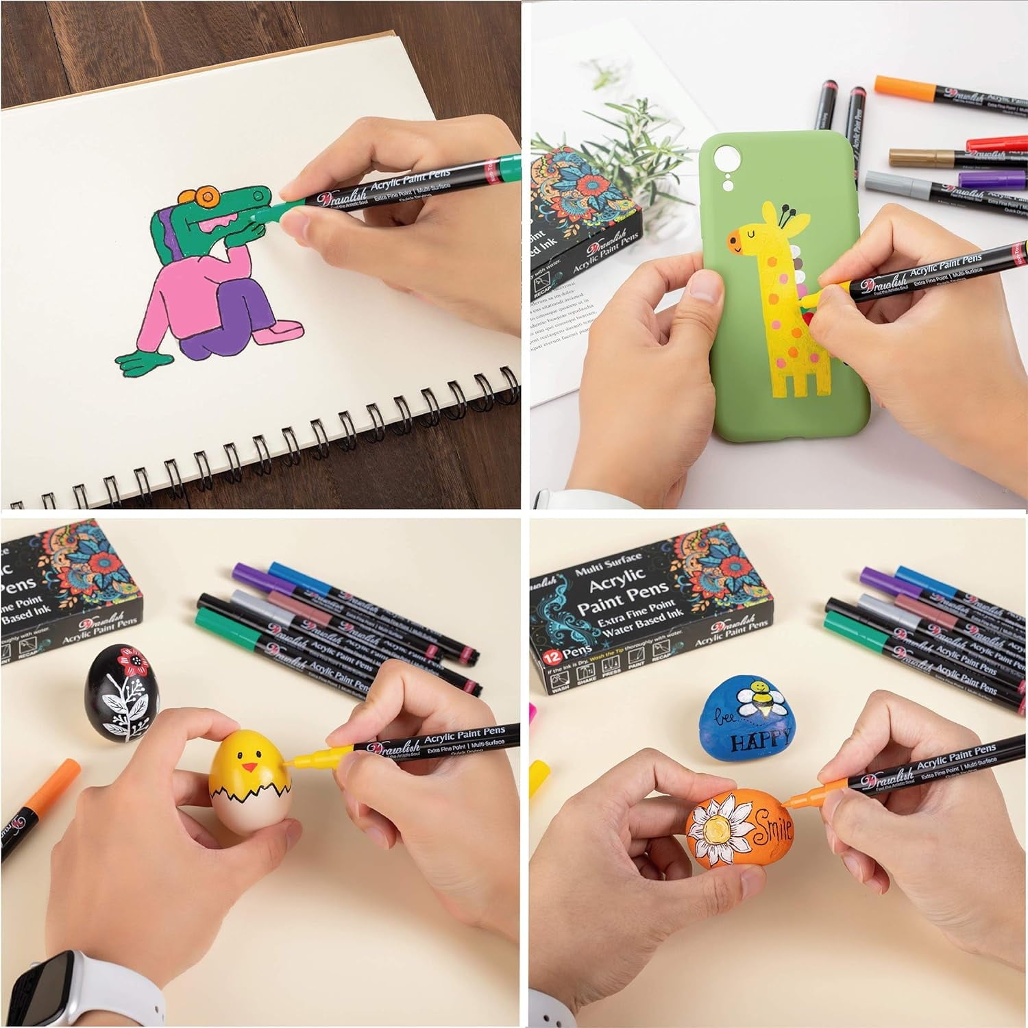Acrylic Paint Pens for Rock Painting - Set of 12 Acrylic Markers - 0.7mm Tip with Extra Fine Point & Water-Based Ink - Ideal Paint Marker for Ceramic, Fabric, Porcelain, Wood, Canvas & DIY Mug Design